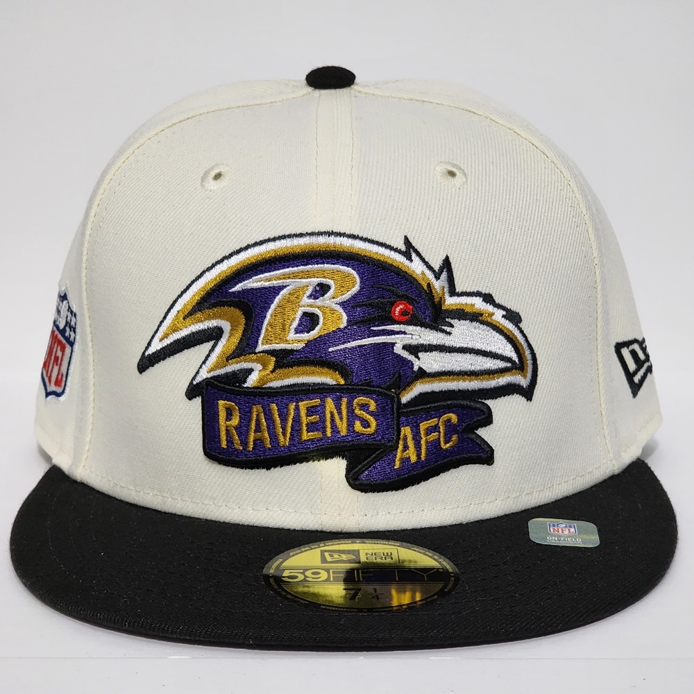 New Era Baltimore Ravens On-Field Cap 59Fifty NFL 7 1/4 Fitted Hat Black Cream